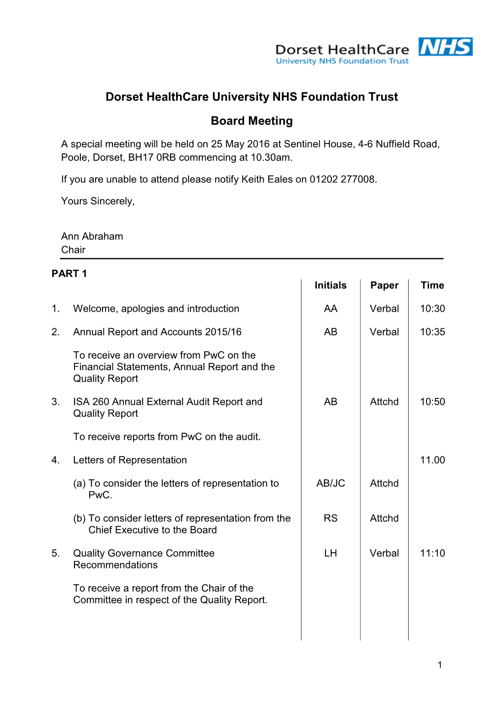 Dorset Healthcare University NHS Foundation Trust Board Meeting