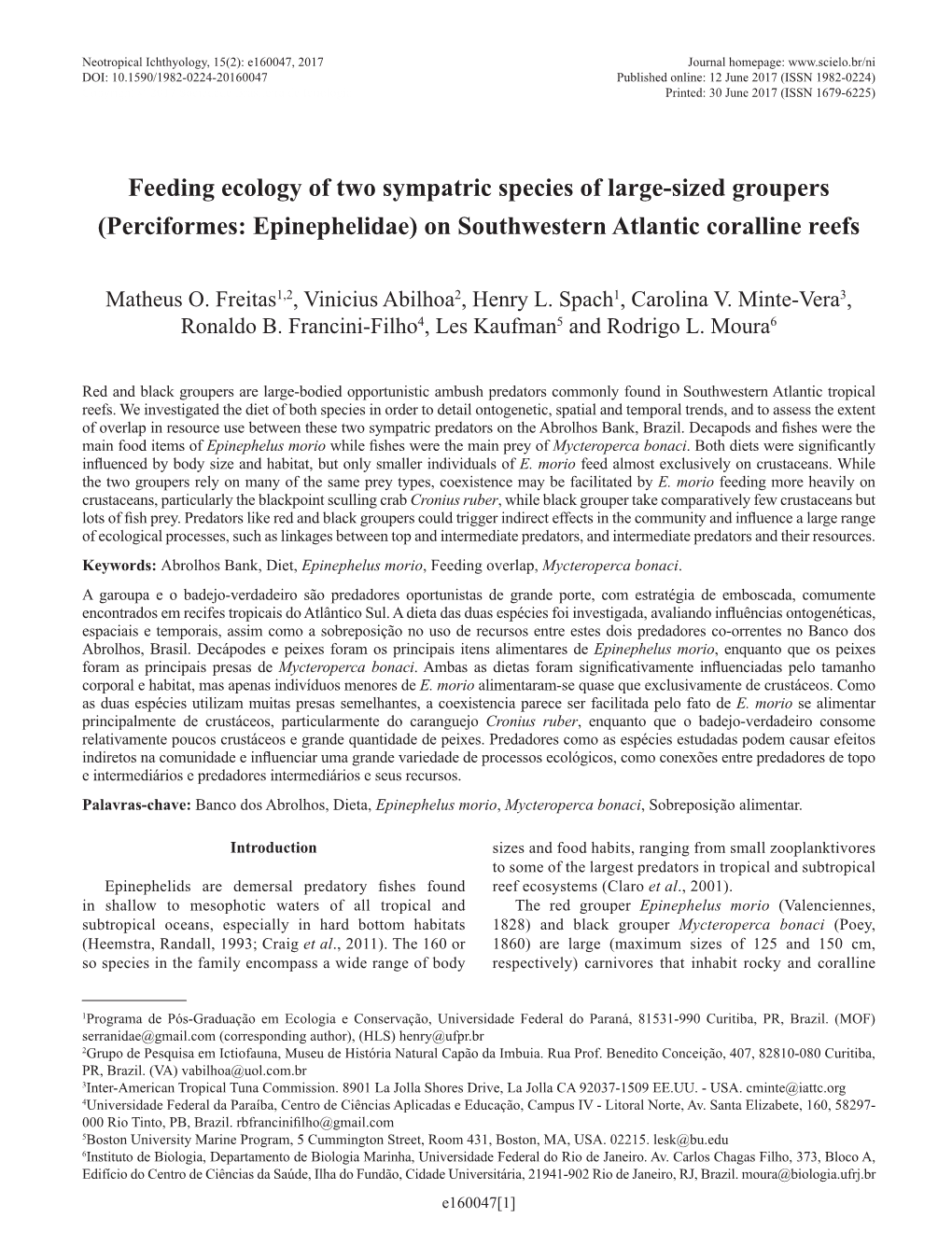 Feeding Ecology of Two Sympatric Species of Large-Sized Groupers (Perciformes: Epinephelidae) on Southwestern Atlantic Coralline Reefs