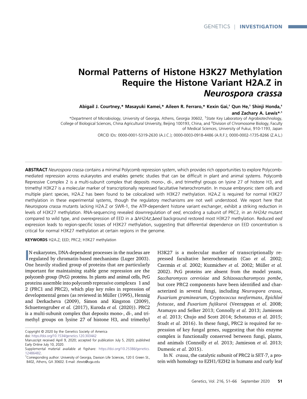 Normal Patterns of Histone H3K27 Methylation Require the Histone Variant H2A.Z in Neurospora Crassa