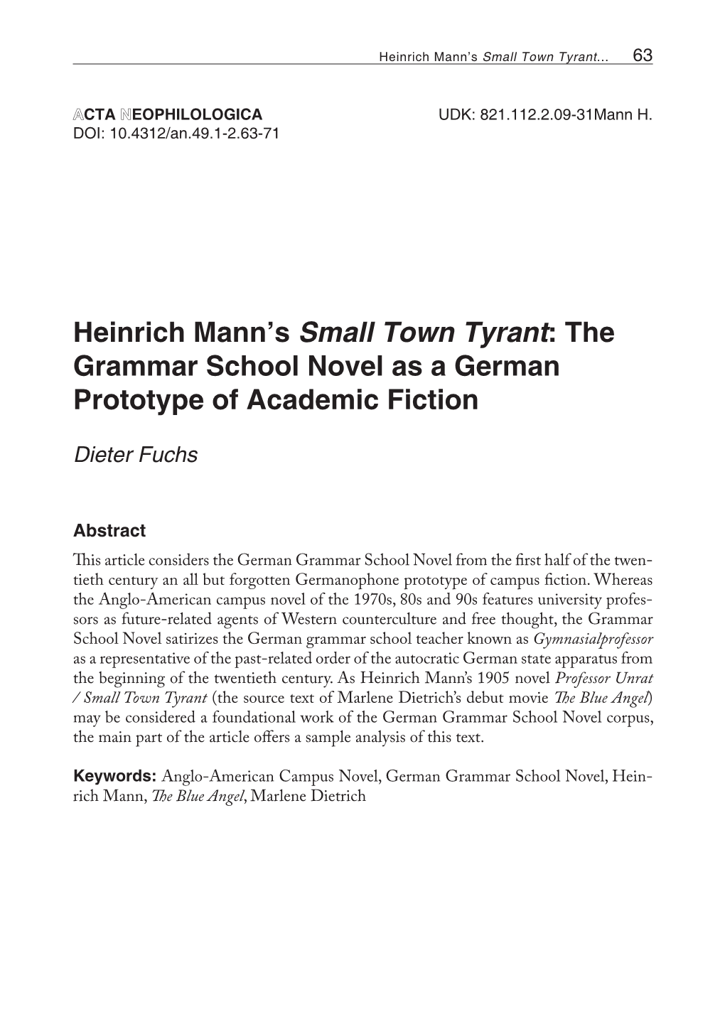 Heinrich Mann's Small Town Tyrant: the Grammar School Novel As A