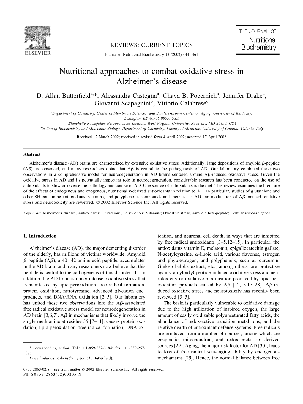 Nutritional Approaches to Combat Oxidative Stress in Alzheimer's