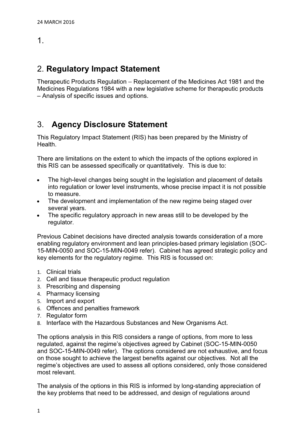 Regulatory Impact Statement: Therapeutic Products Regulation: Analysis of Specific Issues