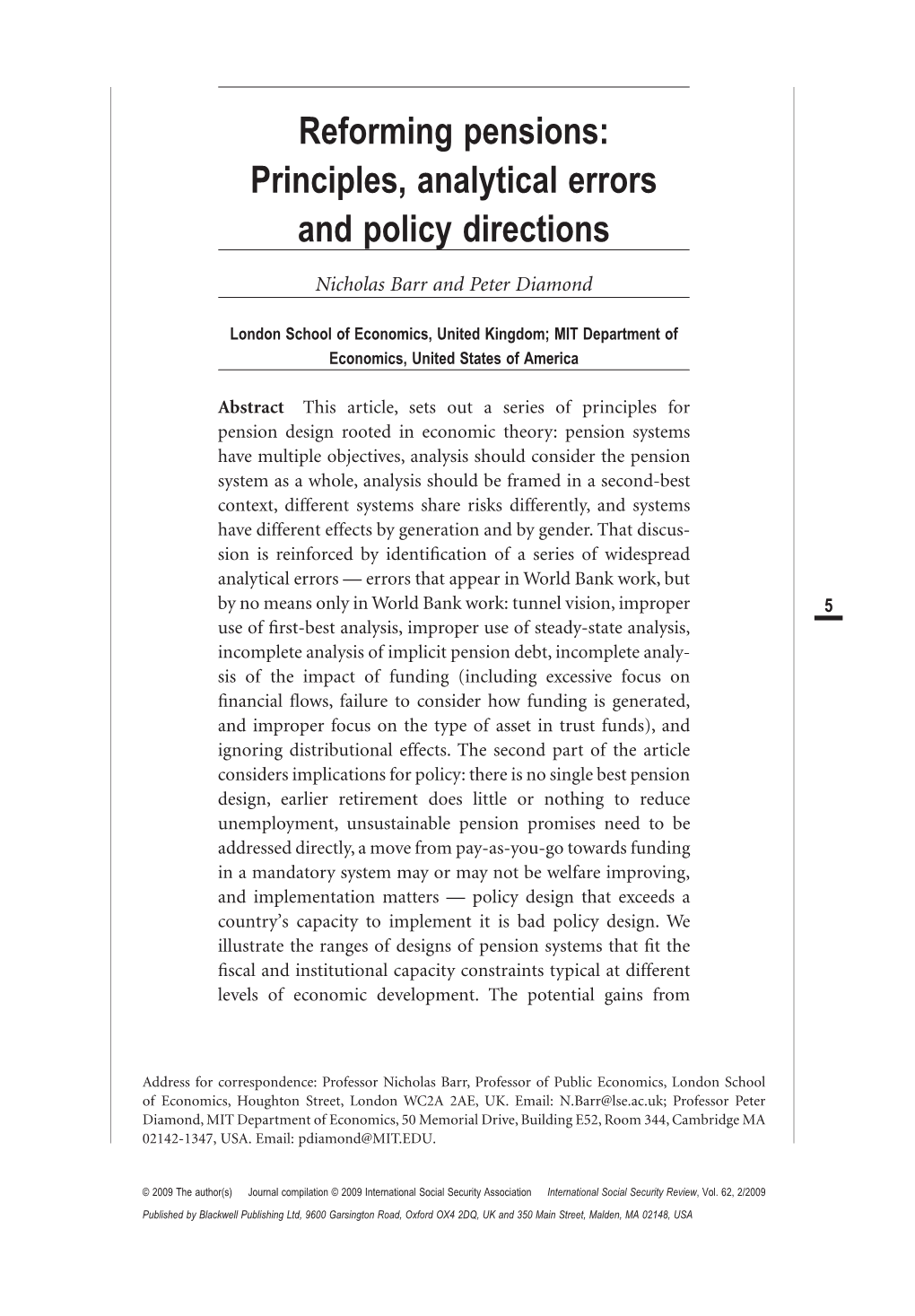 Reforming Pensions: Principles, Analytical Errors and Policy Directions