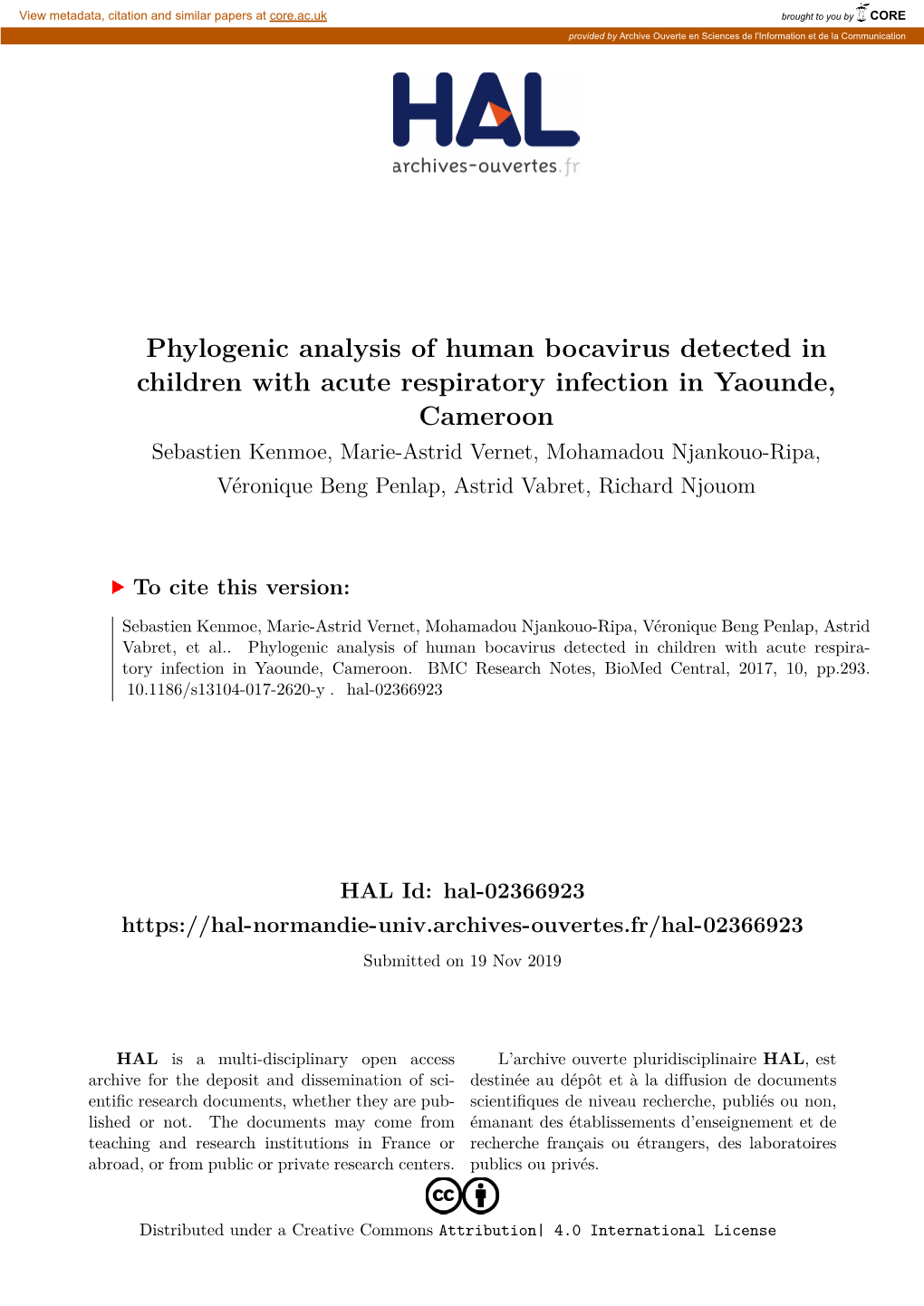 Phylogenic Analysis of Human Bocavirus Detected in Children With