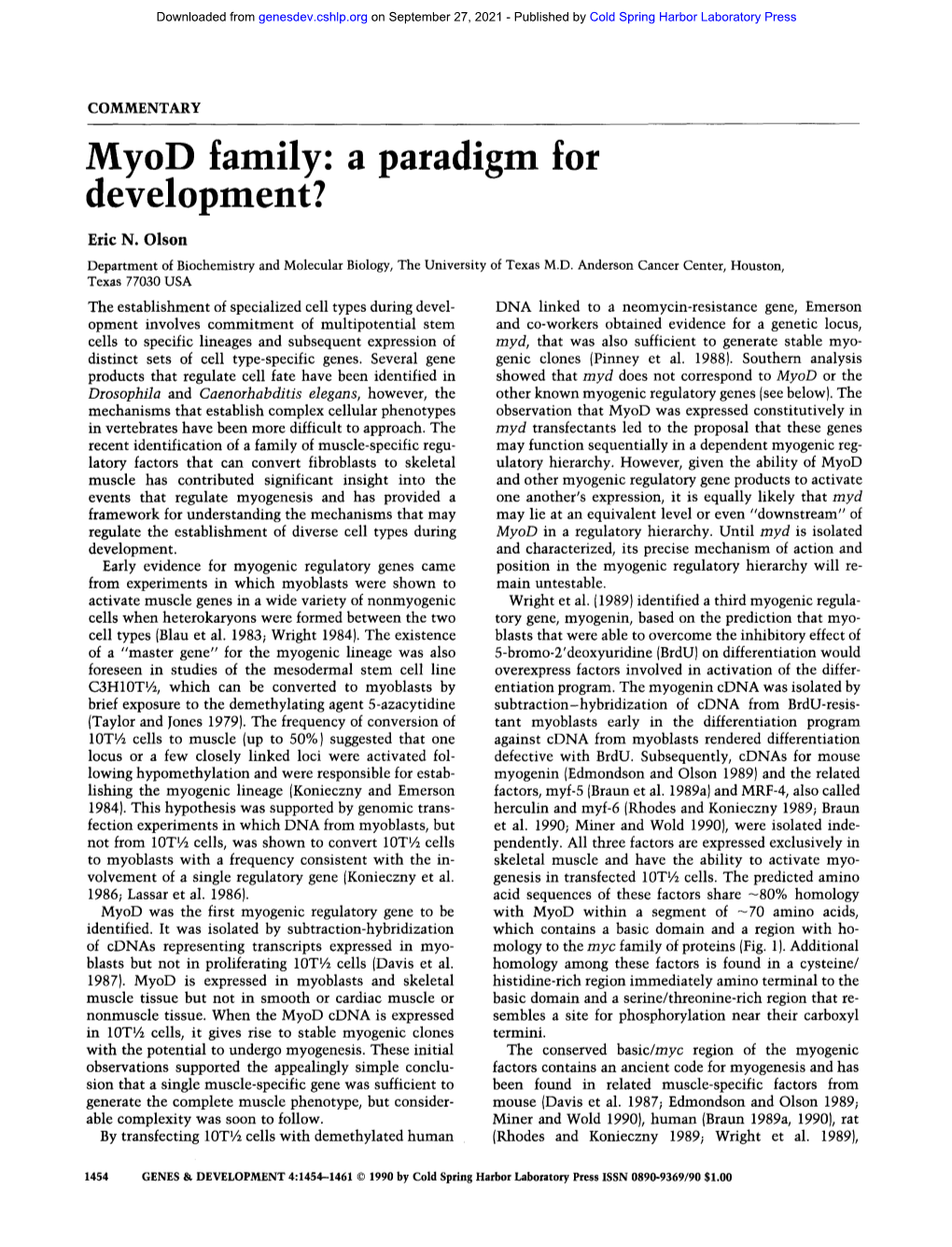 Myod Family: a Paradigm for Development?