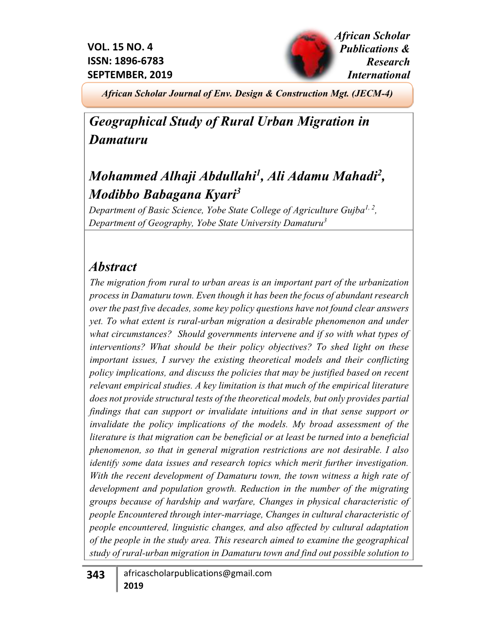 Geographical Study of Rural Urban Migration in Damaturu Mohammed