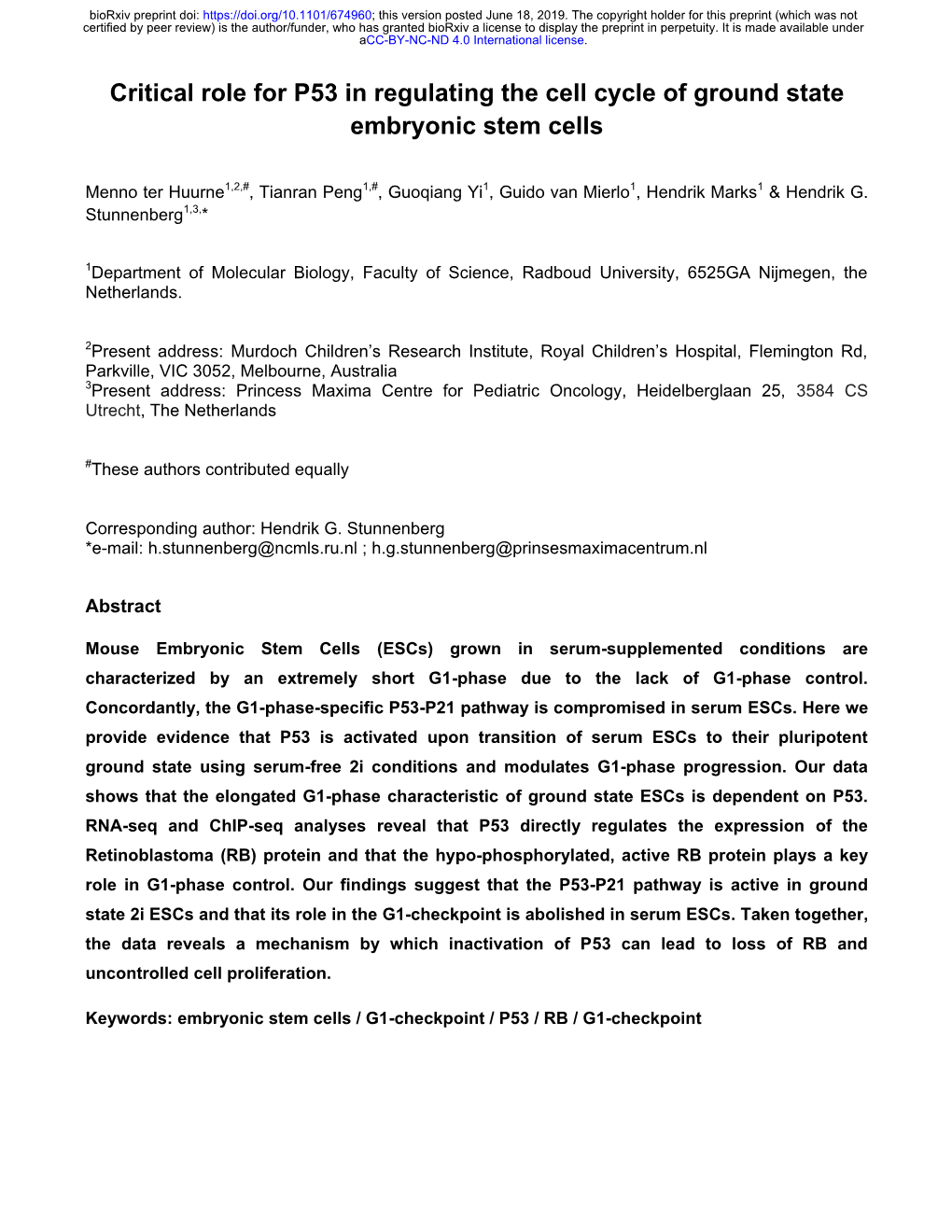 Critical Role for P53 in Regulating the Cell Cycle of Ground State Embryonic Stem Cells