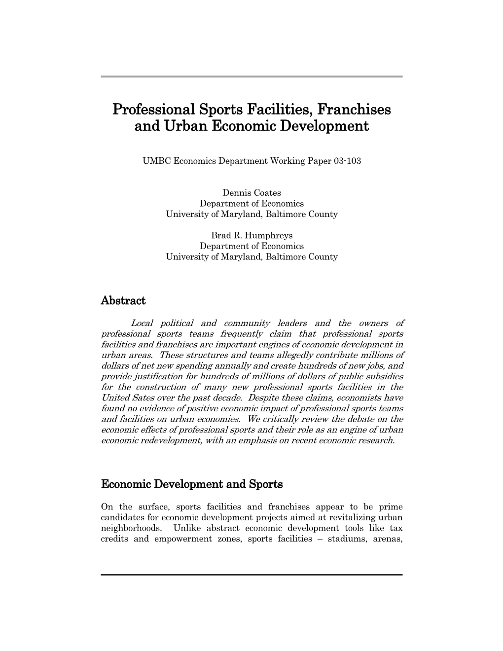 Professional Sports Facilities, Franchises and Urban Economic Development