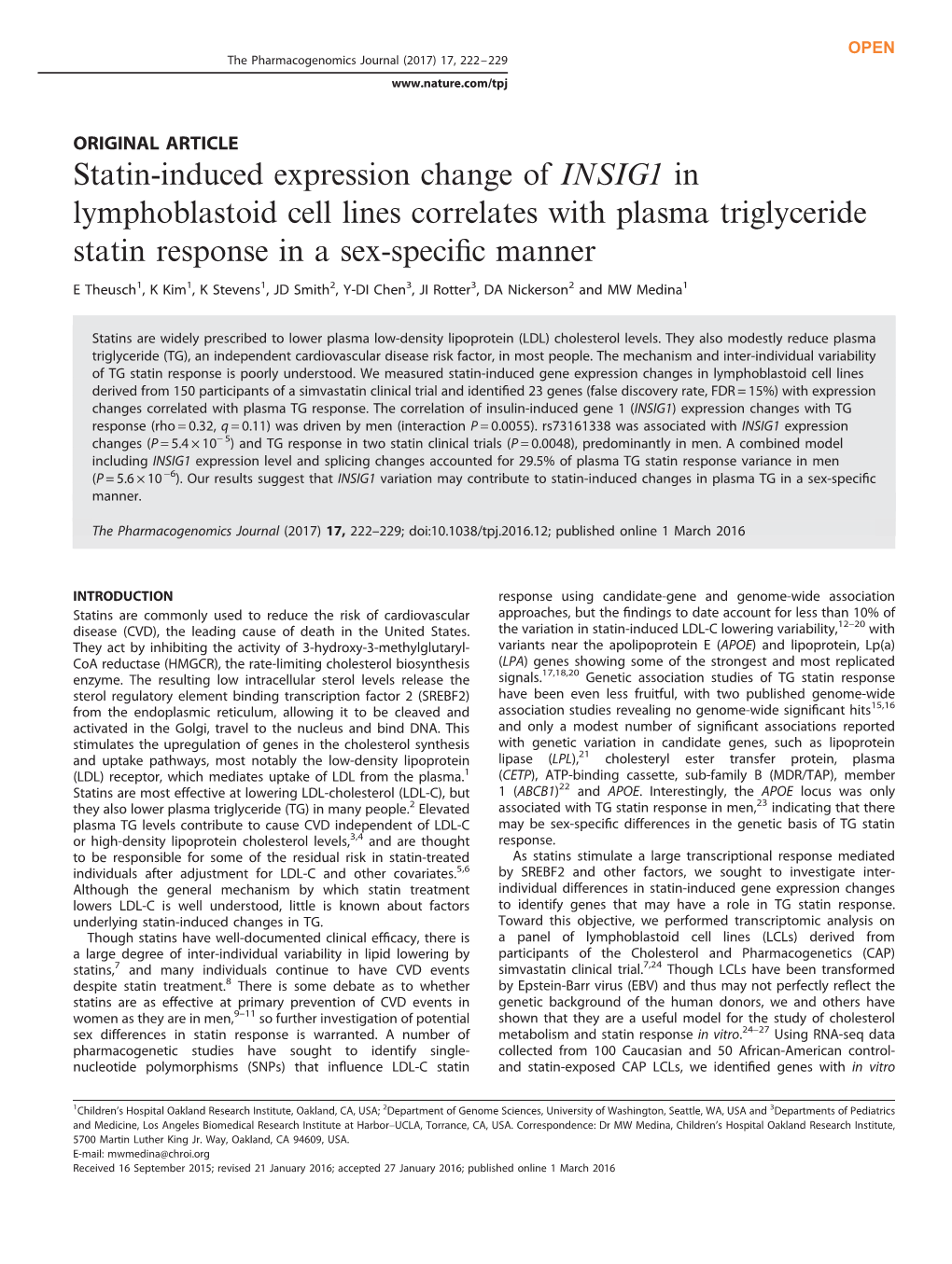 Statin-Induced Expression Change of INSIG1 in Lymphoblastoid Cell Lines Correlates with Plasma Triglyceride Statin Response in a Sex-Speciﬁc Manner