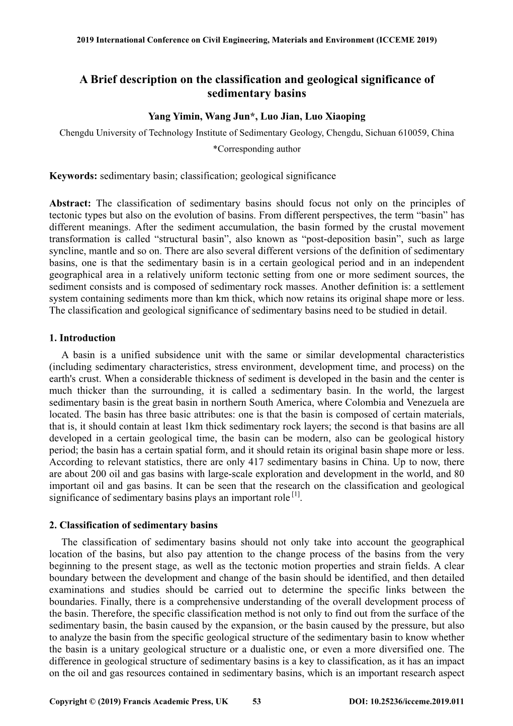 A Brief Description on the Classification and Geological Significance of Sedimentary Basins