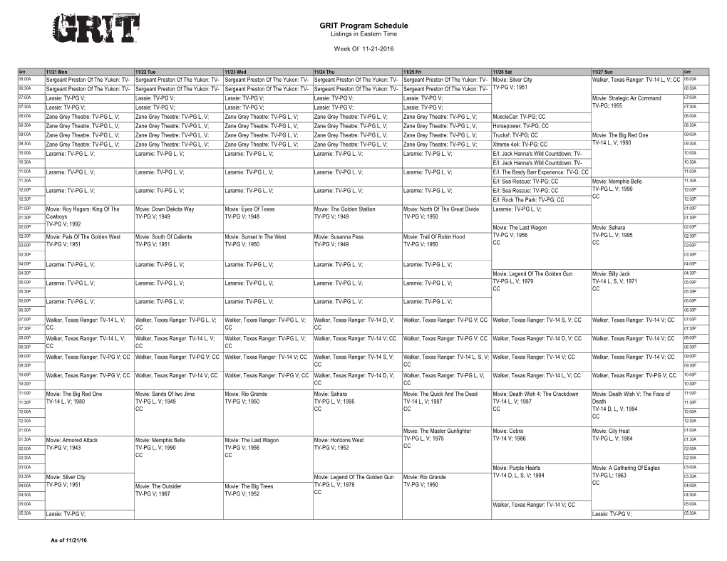 GRIT Program Schedule Listings in Eastern Time