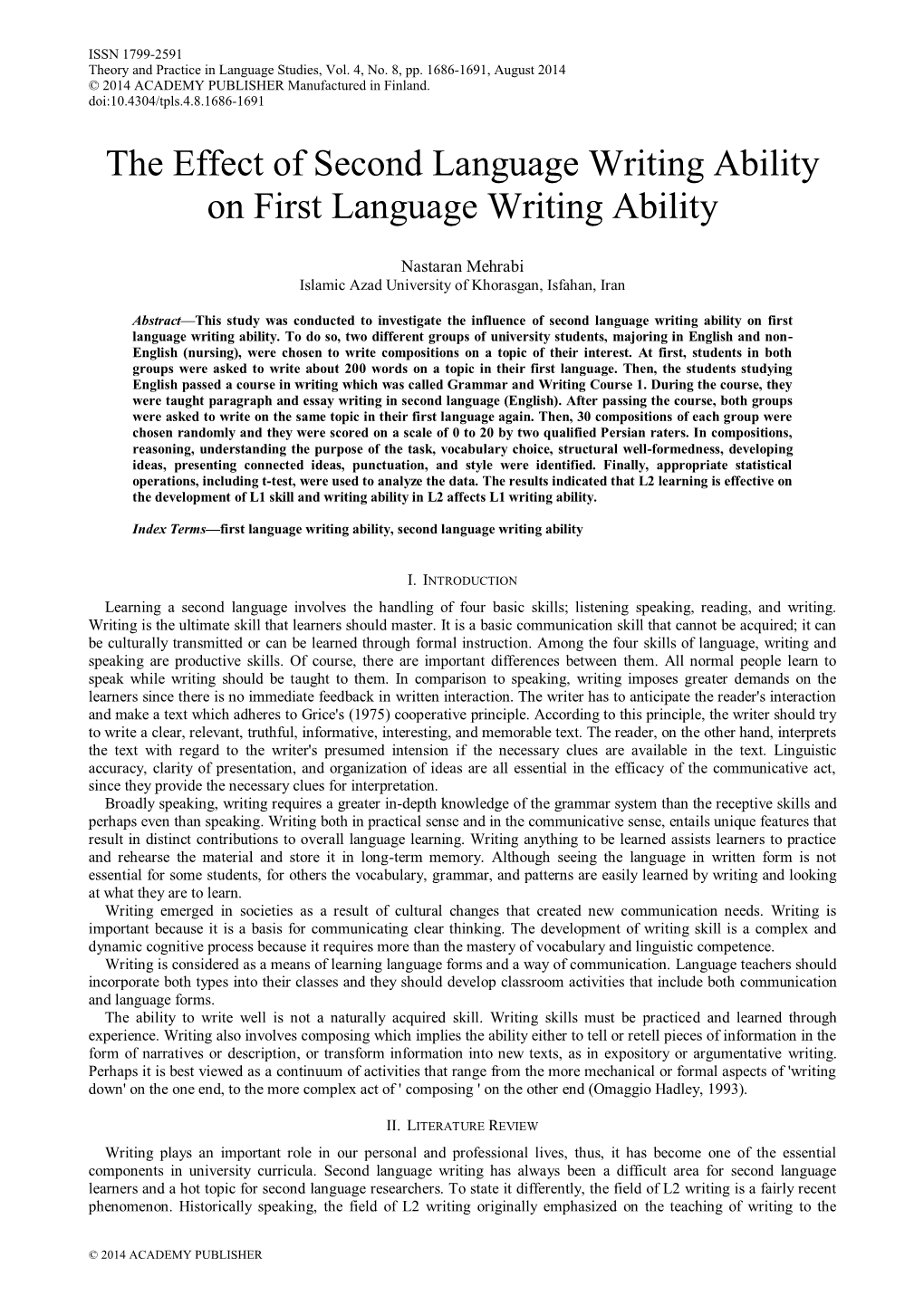 The Effect of Second Language Writing Ability on First Language Writing Ability