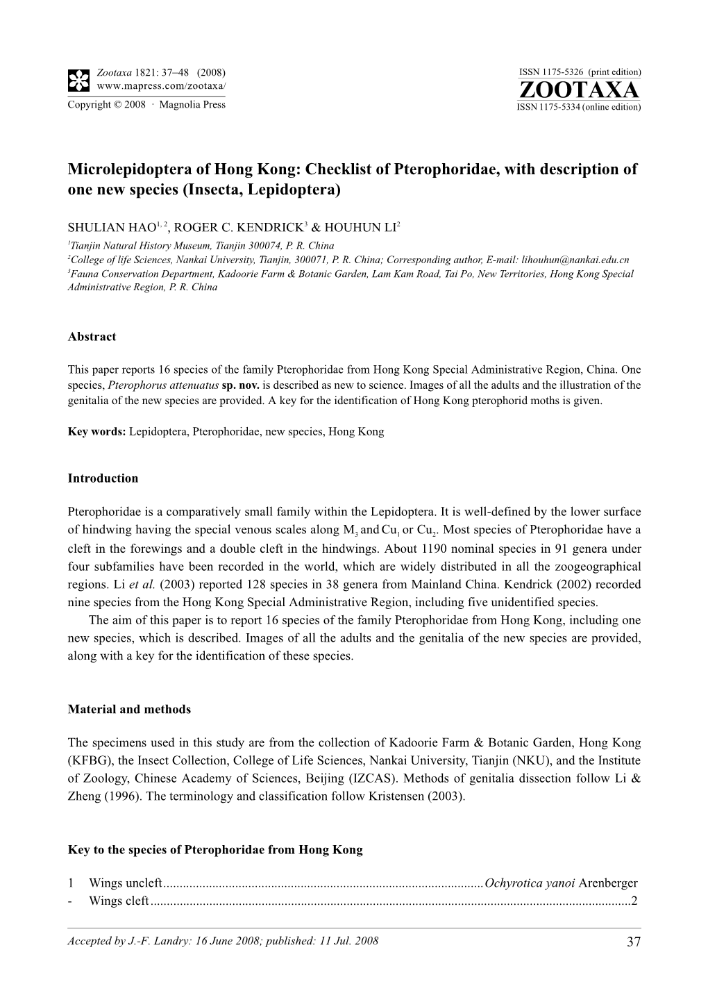 Zootaxa, Microlepidoptera of Hong Kong: Checklist of Pterophoridae