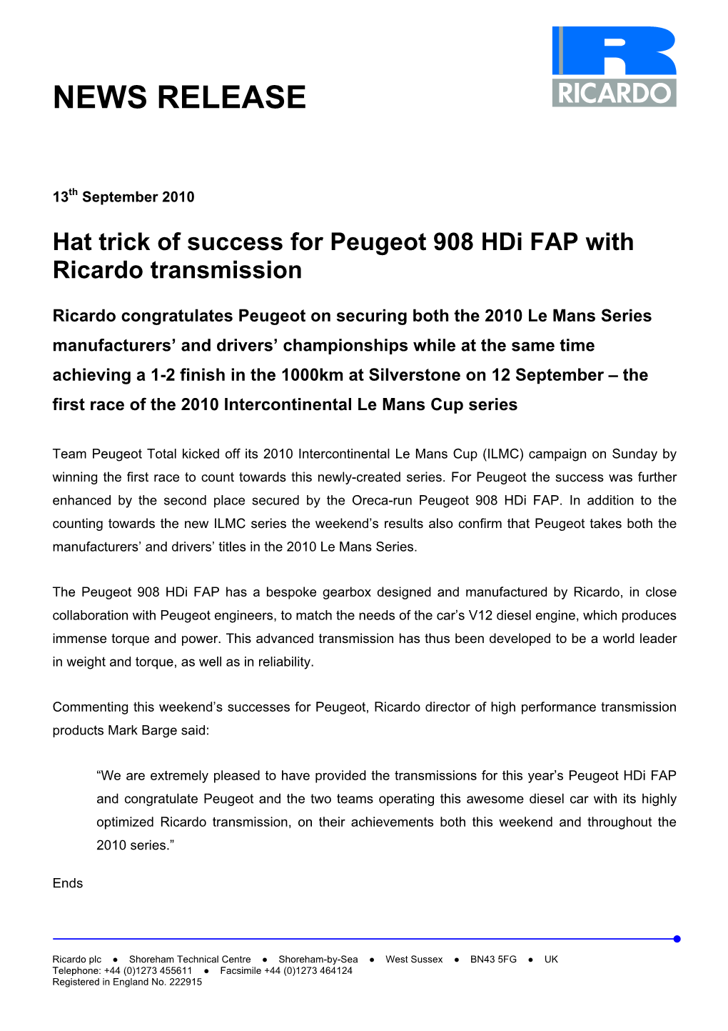 Hat Trick of Success for Peugeot 908 Hdi Fap with Ricardo Transmission.Pdf