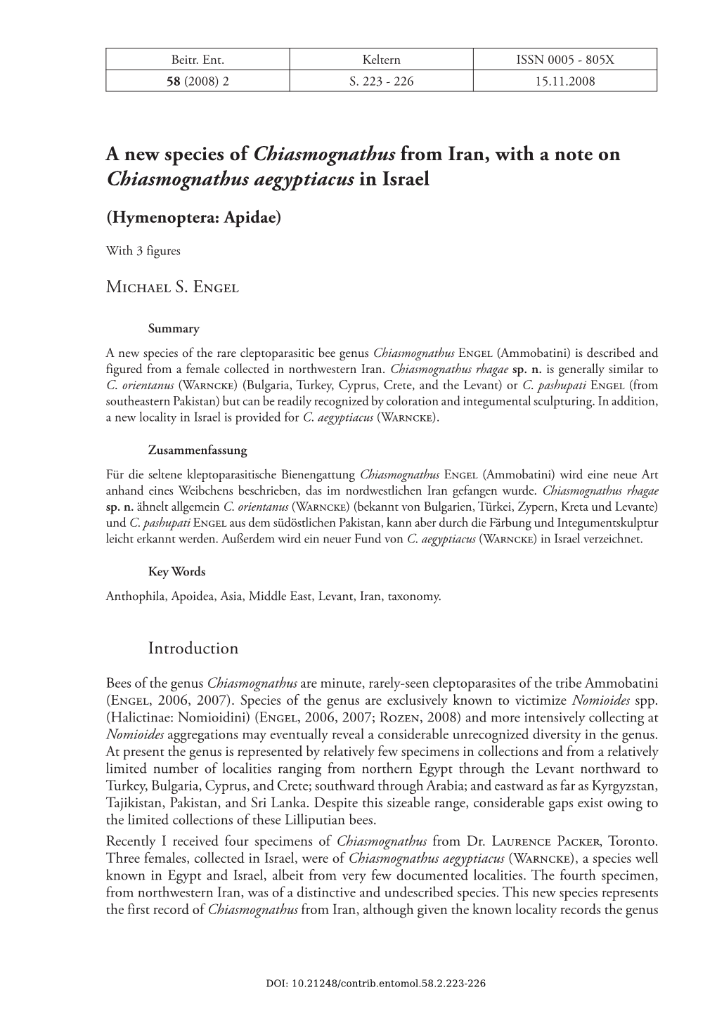 A New Species of Chiasmognathus from Iran, with a Note on Chiasmognathus Aegyptiacus in Israel