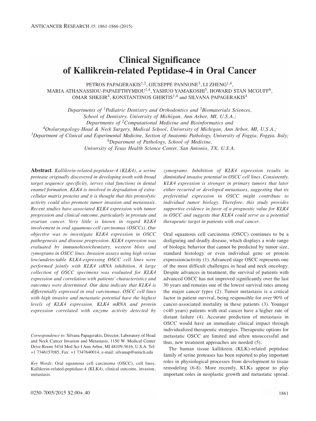 Clinical Significance of Kallikrein-Related Peptidase-4 in Oral Cancer