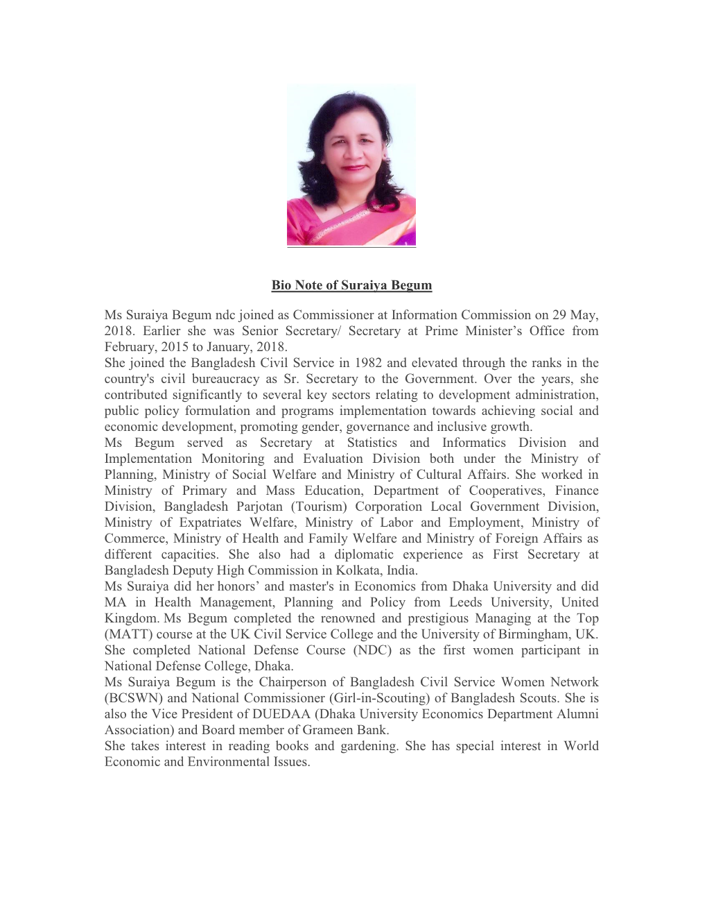 Bio Note of Suraiya Begum Ms Suraiya Begum Ndc Joined As