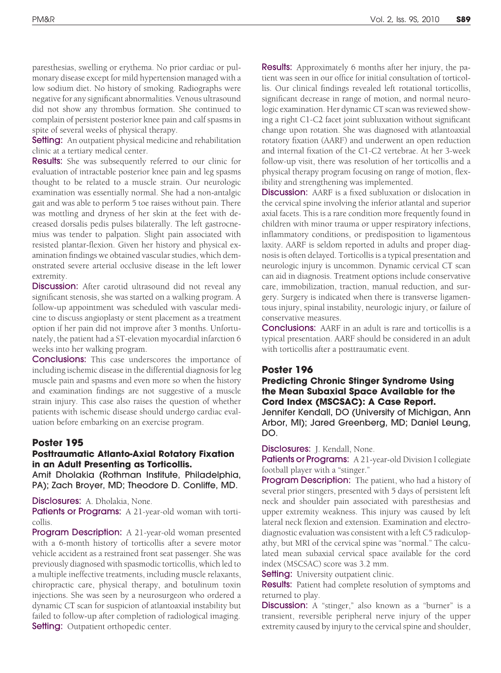 Predicting Chronic Stinger Syndrome Using the Mean Subaxial Space