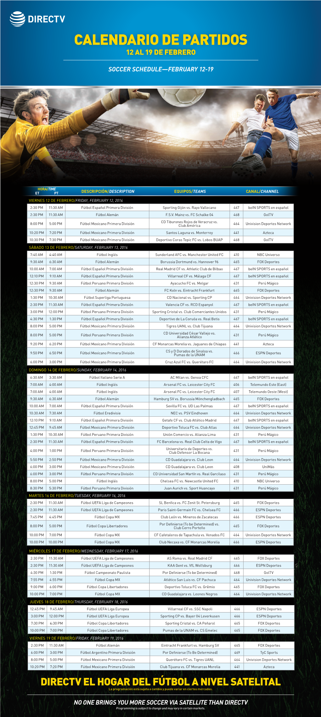 Calendario De Partidos 12 Al 19 De Febrero