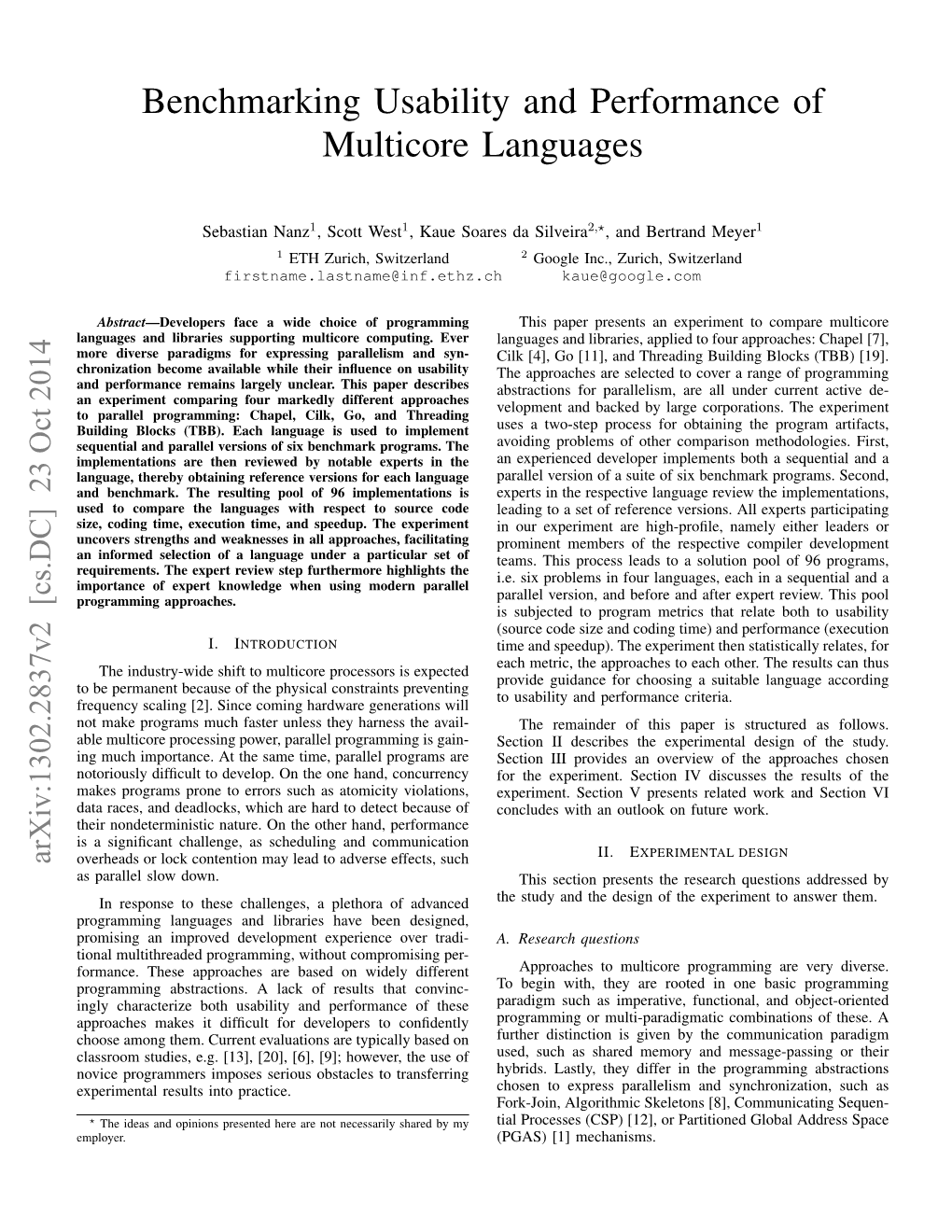 Benchmarking Usability and Performance of Multicore Languages