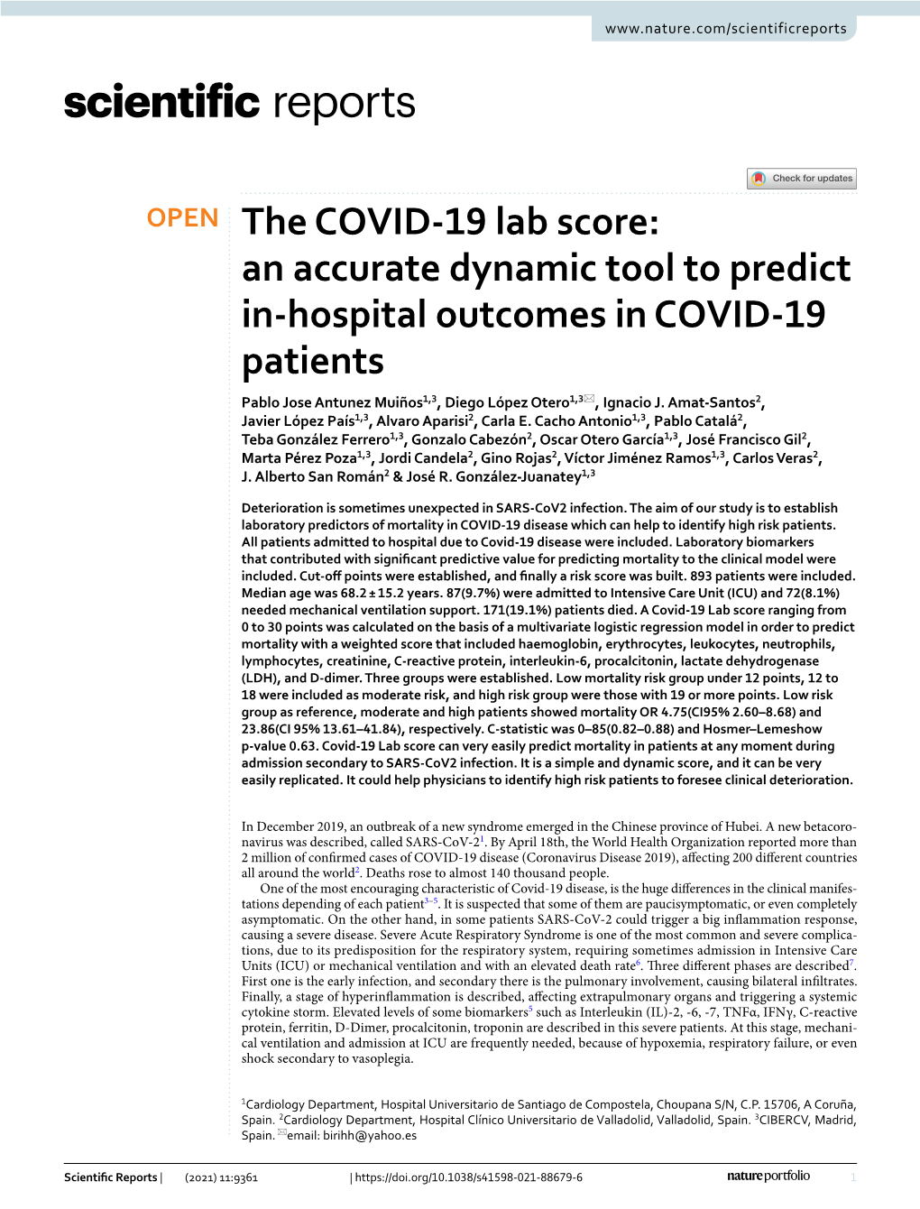 The COVID-19 Lab Score Is Performed, Ranging from 0 to 30 Points