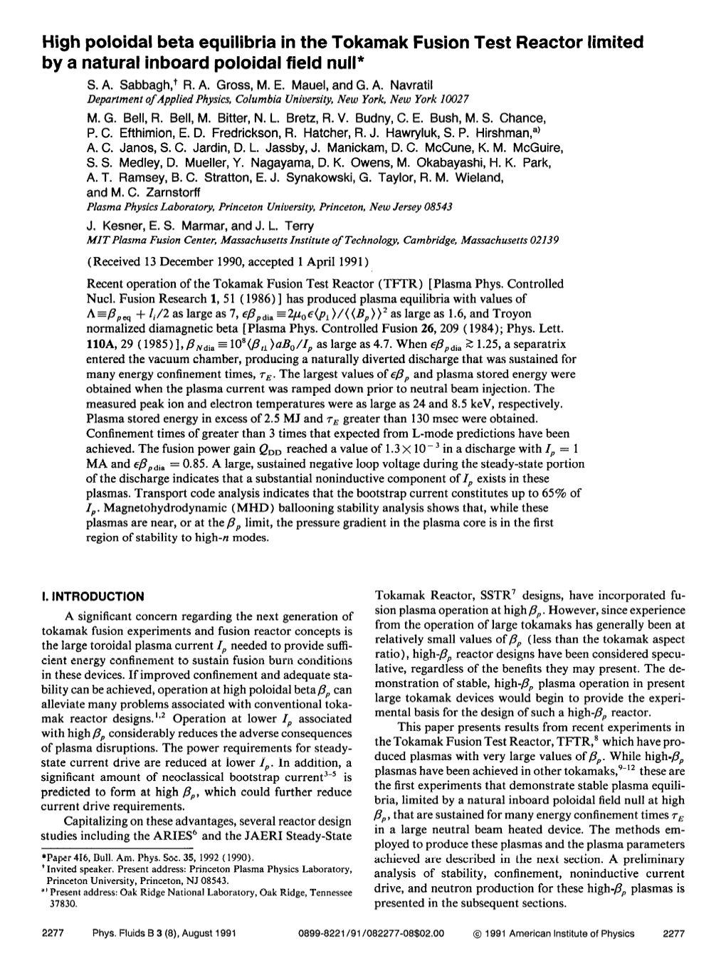 High Poloidal Beta Equilibria in the Tokamak Fusion Test Reactor Limited by a Natural Inboard Poloidal Field Null* S