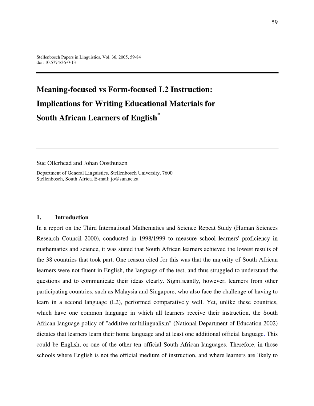 Meaning-Focused Vs Form-Focused L2 Instruction: Implications for Writing Educational Materials for South African Learners of English *