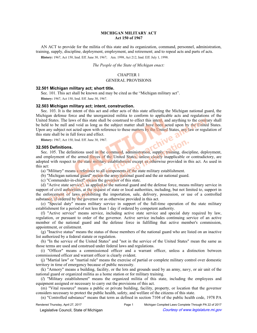 MICHIGAN MILITARY ACT Act 150 of 1967 an ACT to Provide for The