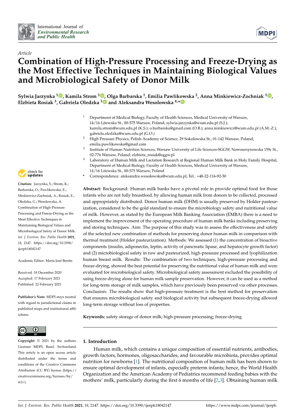 Combination of High-Pressure Processing and Freeze-Drying As the Most Effective Techniques in Maintaining Biological Values and Microbiological Safety of Donor Milk