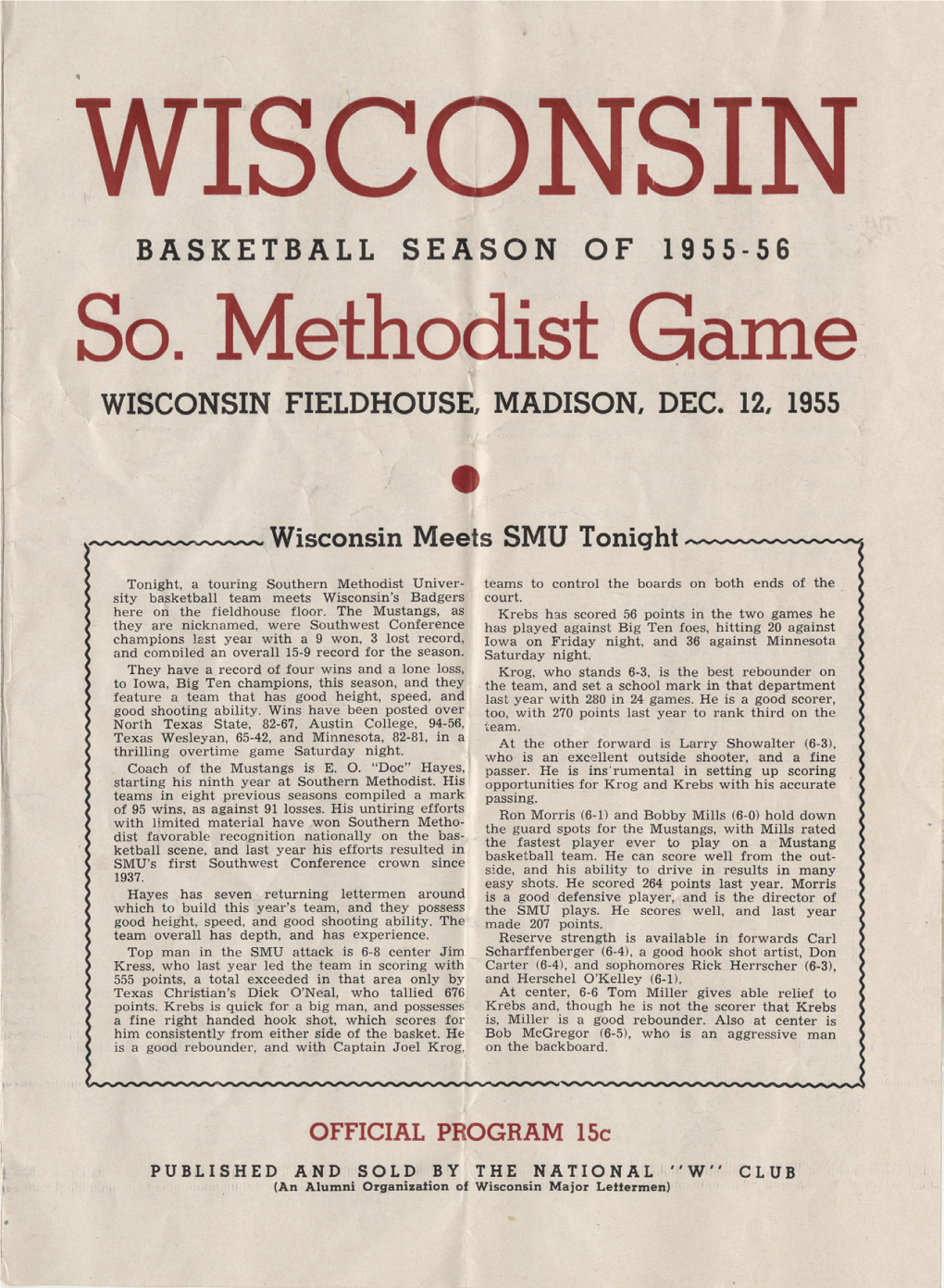 Wisconsin Vs. So. Methodist Basketball Game Program (1955)