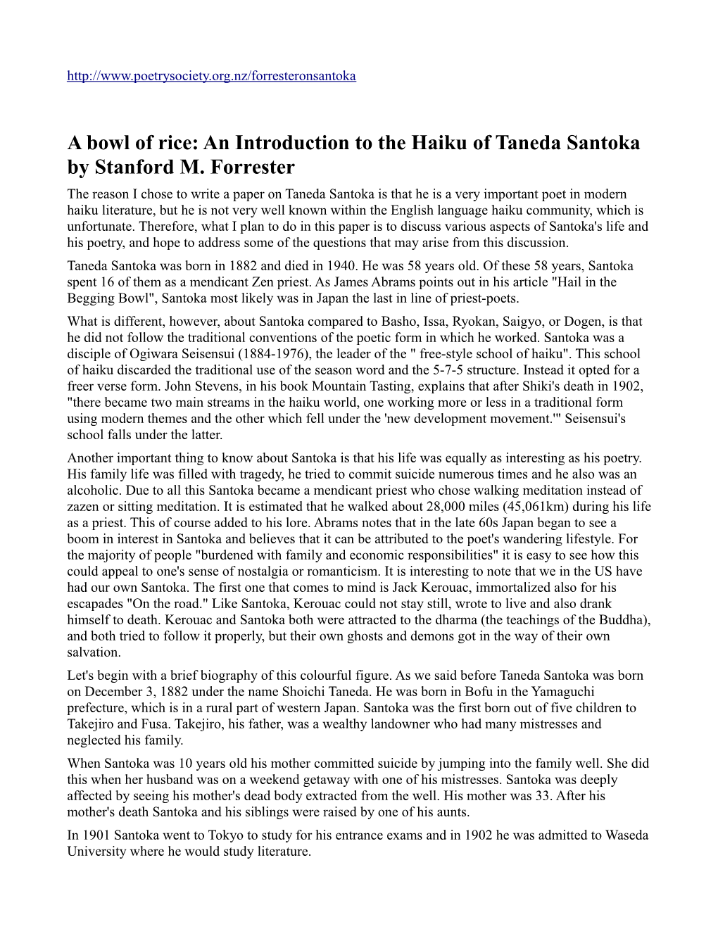 An Introduction to the Haiku of Taneda Santoka by Stanford M. Forrester