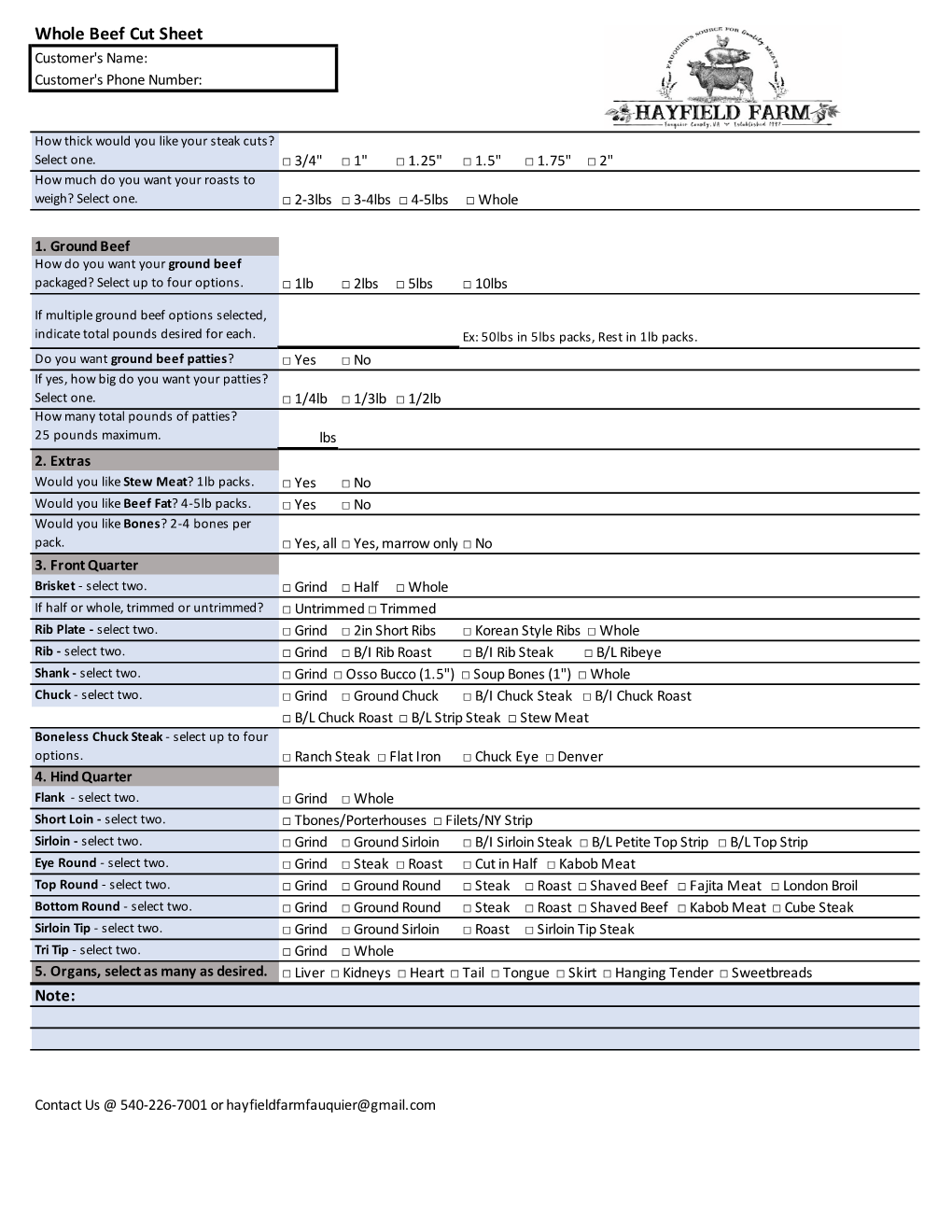 Whole Beef Cut Sheet Customer's Name: Customer's Phone Number