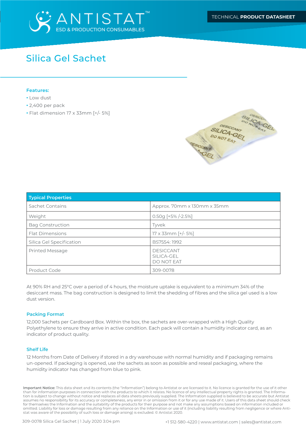 309-0078 Silica Gel Sachet | 1 July 2020 3:04 Pm +1 512-580-4220 | | Sales@Antistat.Com TECHNICAL PRODUCT DATASHEET