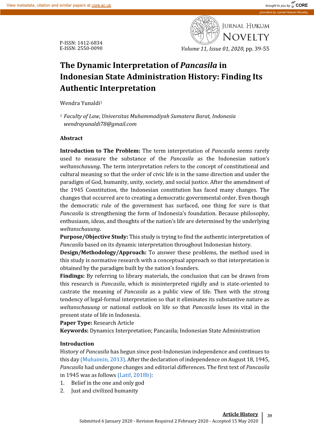 The Dynamic Interpretation of Pancasila in Indonesian State Administration History: Finding Its Authentic Interpretation