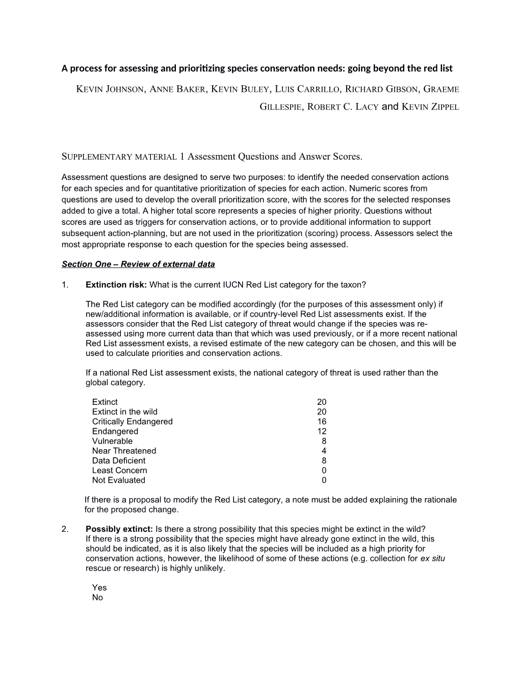 A Process for Assessing and Prioritzing Species Conservaton Needs: Going Beyond the Red List