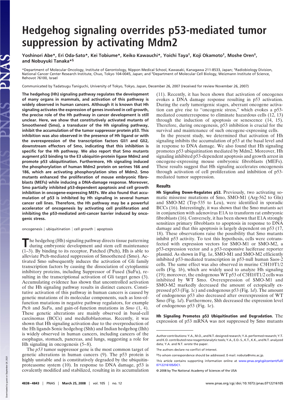 Hedgehog Signaling Overrides P53-Mediated Tumor Suppression by Activating Mdm2