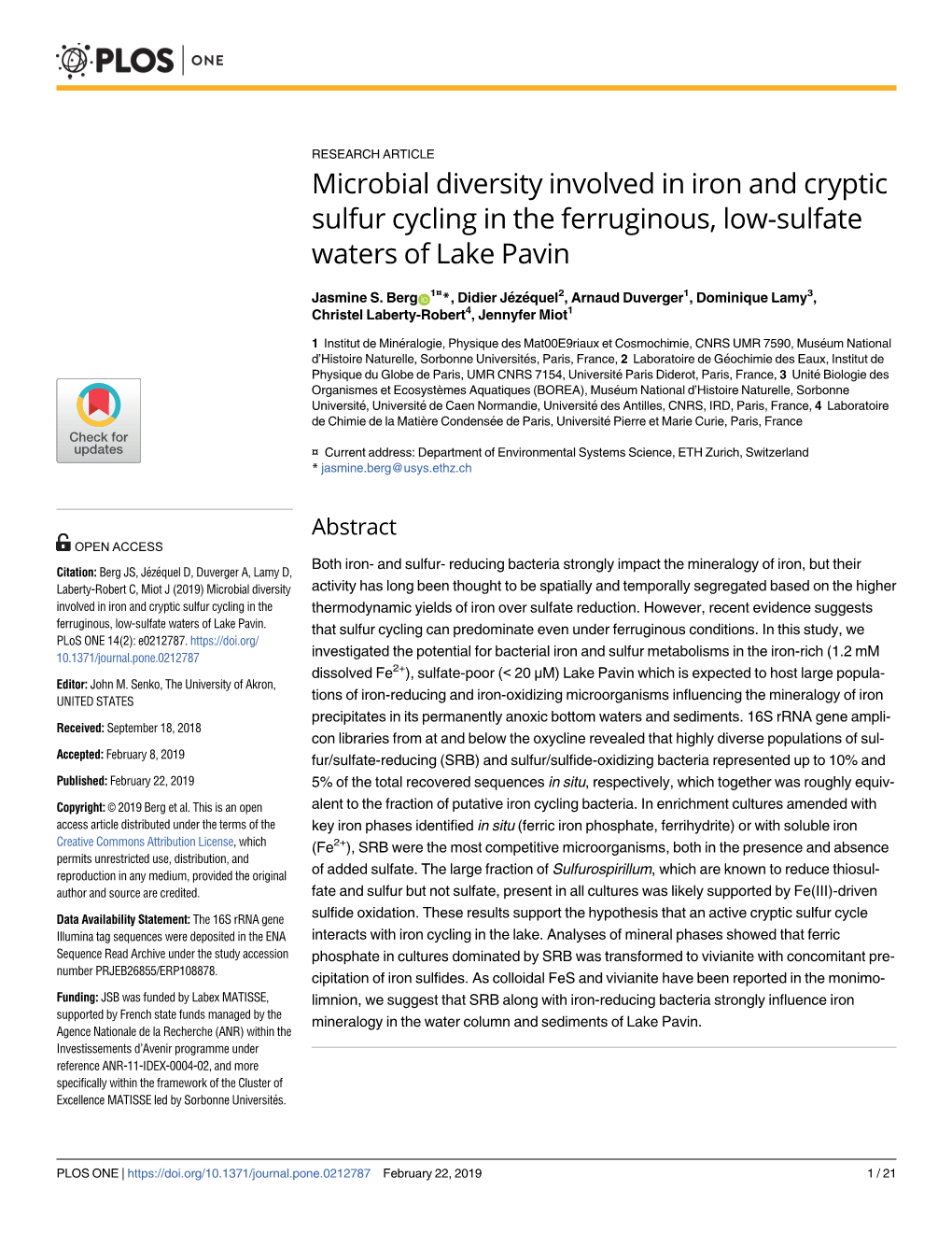 Microbial Diversity Involved in Iron and Cryptic Sulfur Cycling in the Ferruginous, Low-Sulfate Waters of Lake Pavin