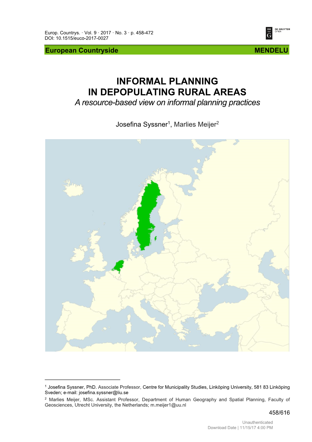 INFORMAL PLANNING in DEPOPULATING RURAL AREAS a Resource-Based View on Informal Planning Practices