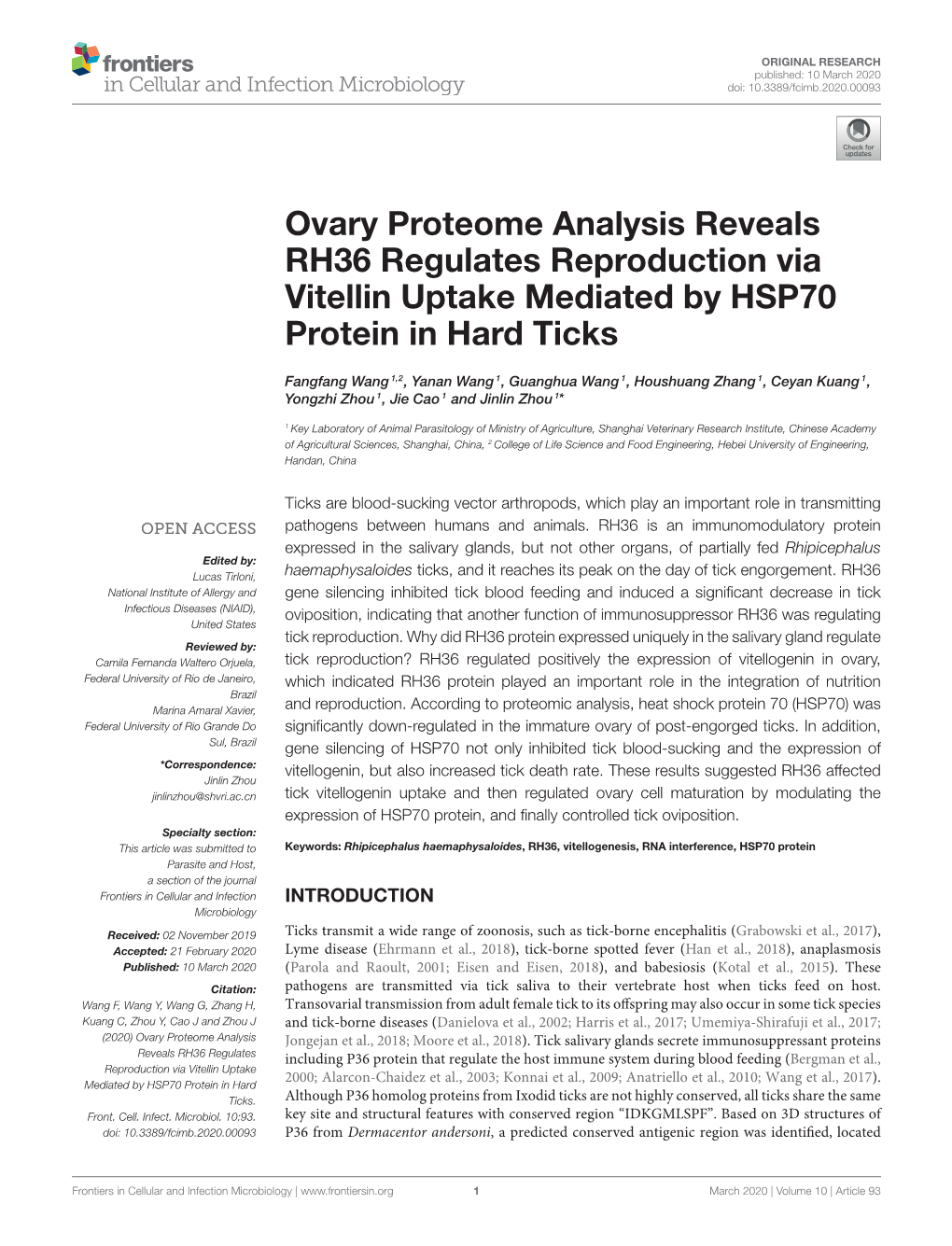 Ovary Proteome Analysis Reveals RH36 Regulates Reproduction Via Vitellin Uptake Mediated by HSP70 Protein in Hard Ticks