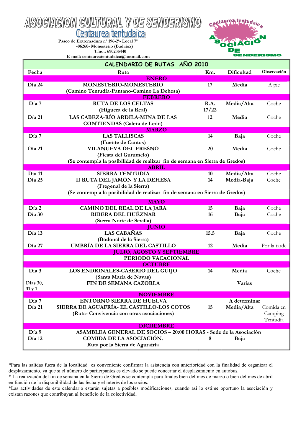 Calendario Rutas Centaurea Tentudaica 2010-1