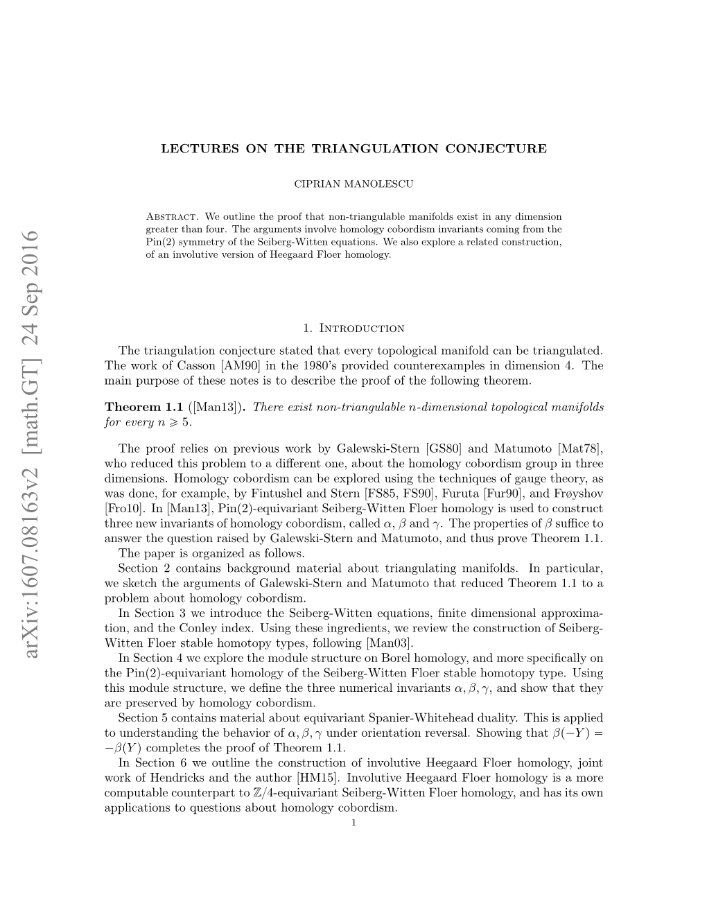 Arxiv:1607.08163V2 [Math.GT] 24 Sep 2016