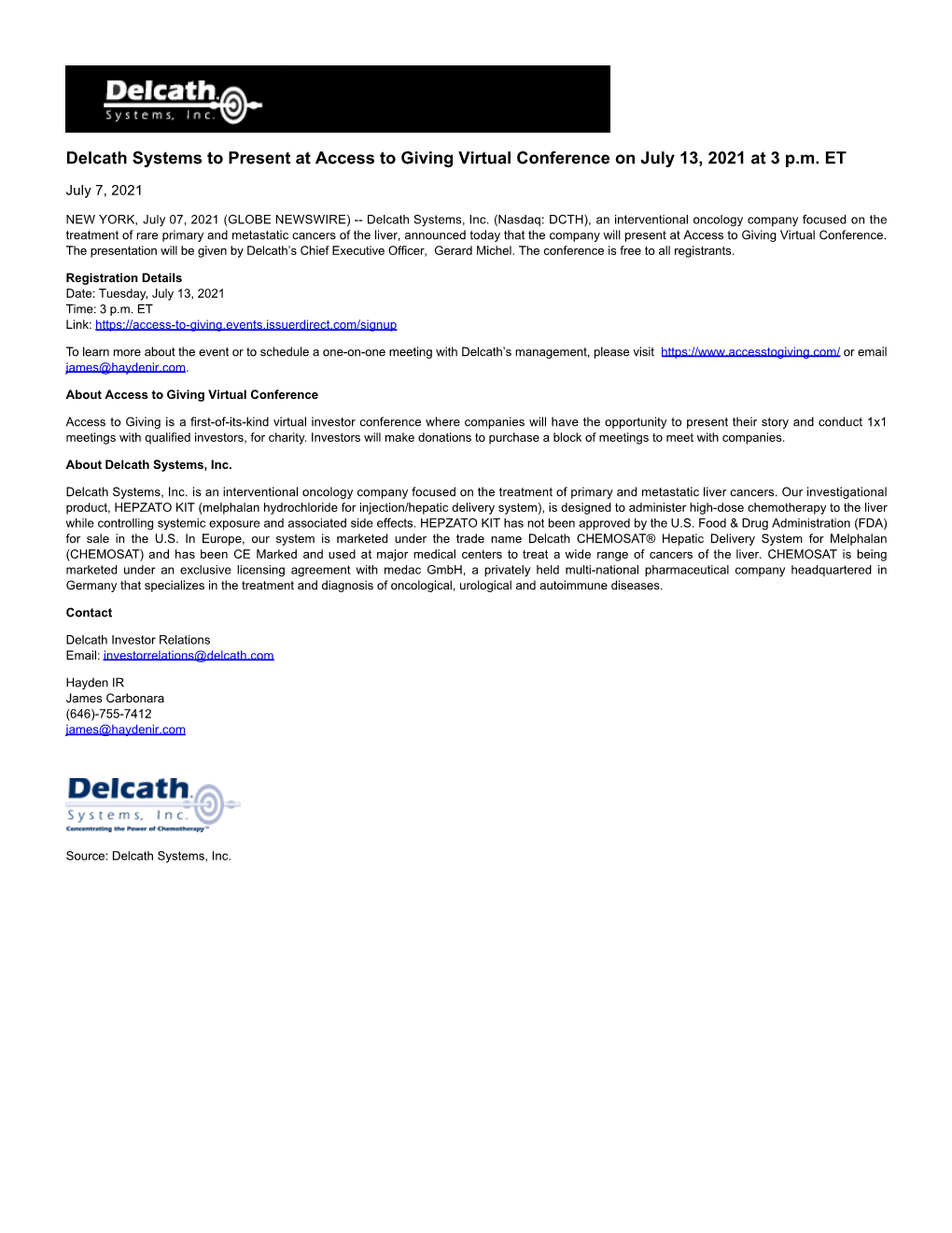 Delcath Systems to Present at Access to Giving Virtual Conference on July 13, 2021 at 3 P.M