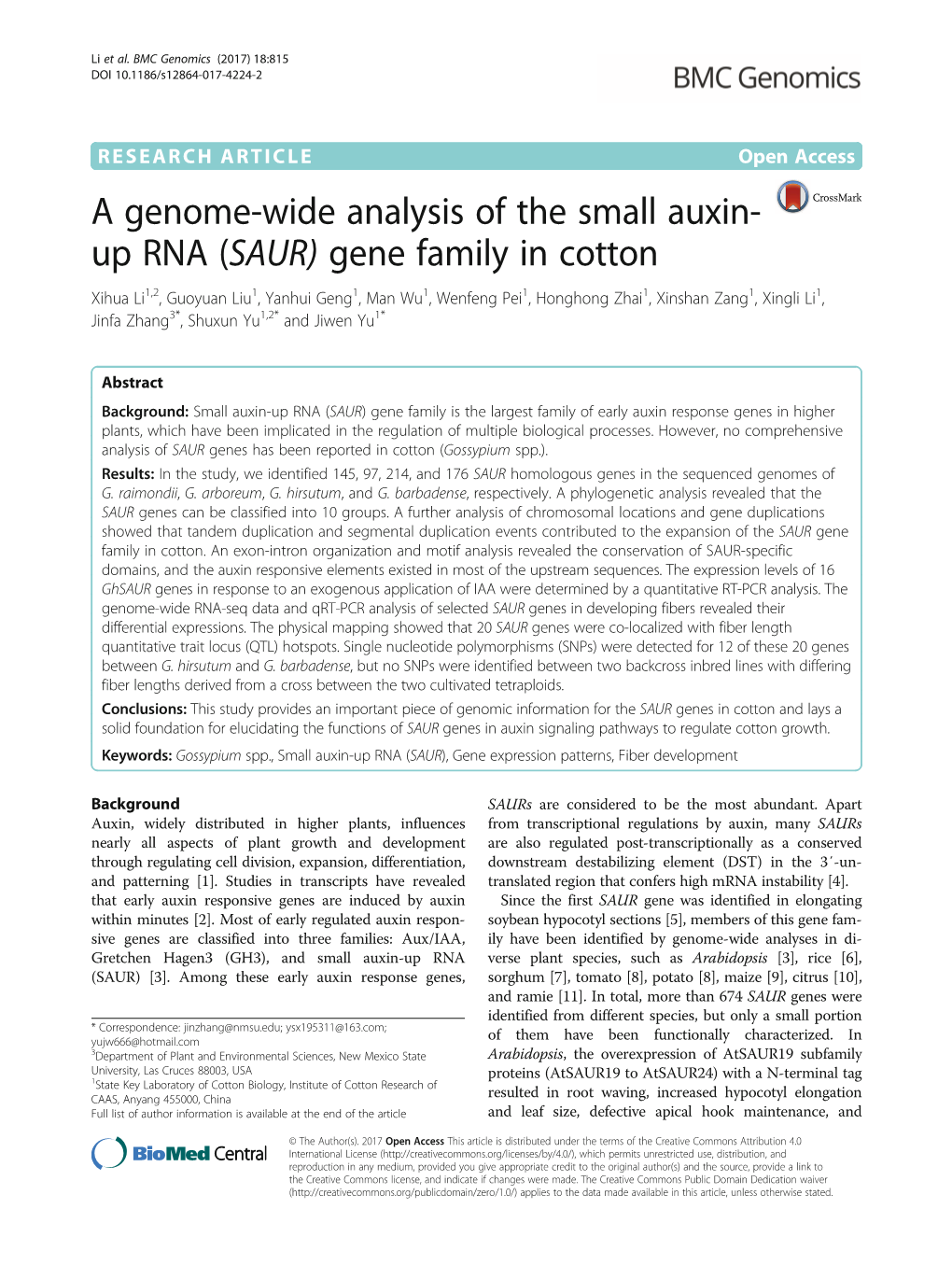 Up RNA (SAUR) Gene Family in Cotton