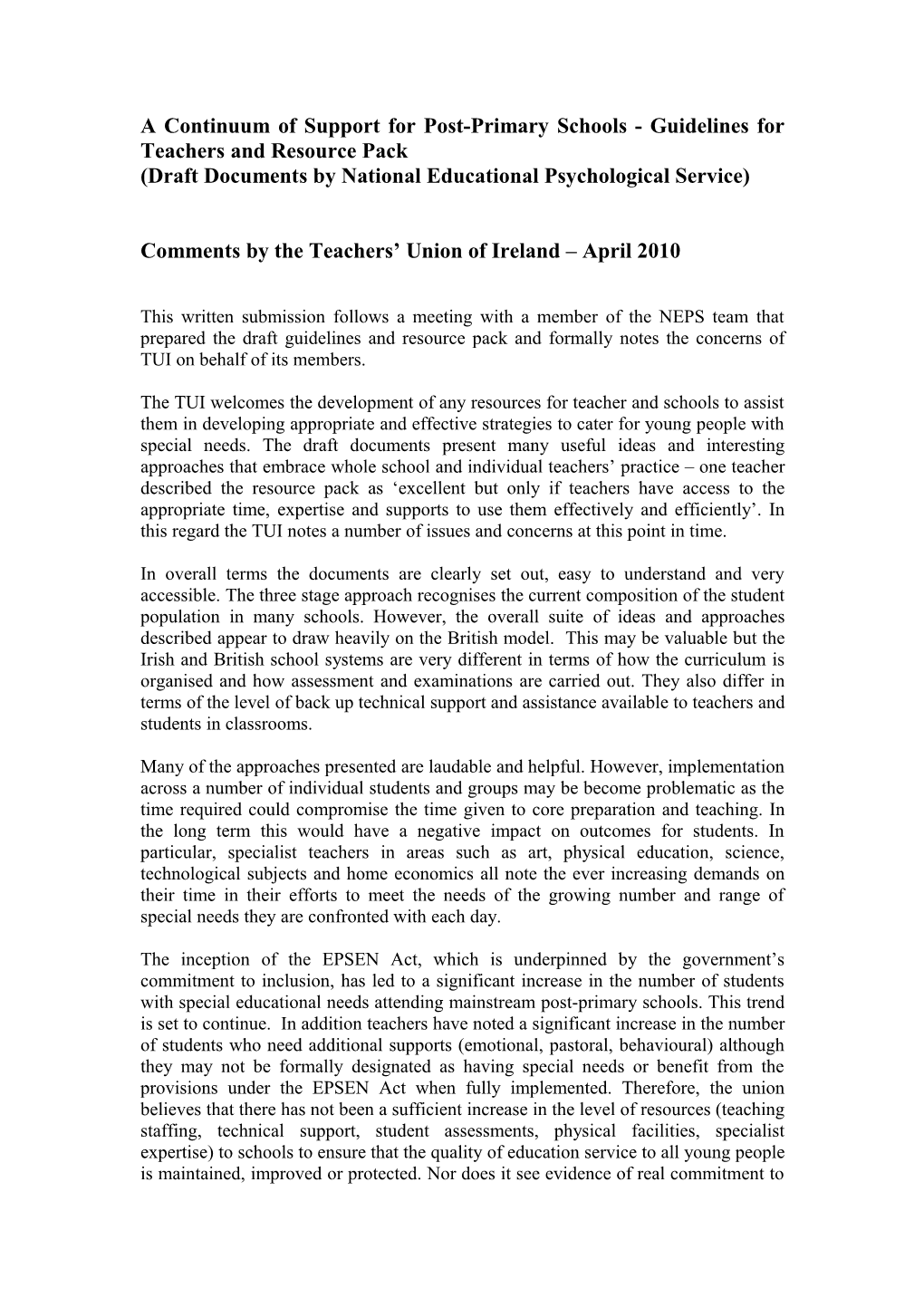 A Continuum of Support for Post-Primary Schools Guidelines for Teachers and Resource Pack