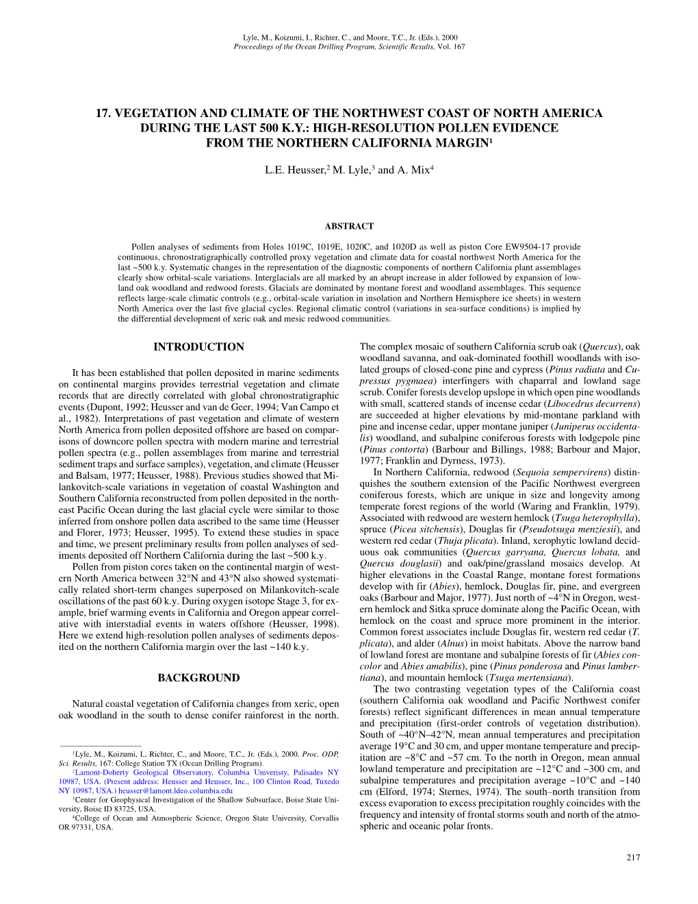 17. Vegetation and Climate of the Northwest Coast of North America During the Last 500 K.Y.: High-Resolution Pollen Evidence from the Northern California Margin1