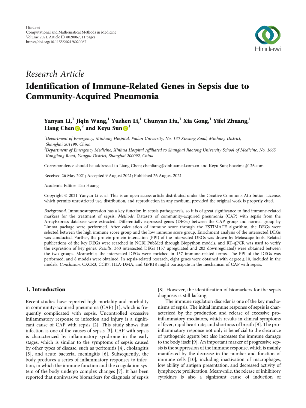 Research Article Identification of Immune-Related Genes in Sepsis Due to Community-Acquired Pneumonia