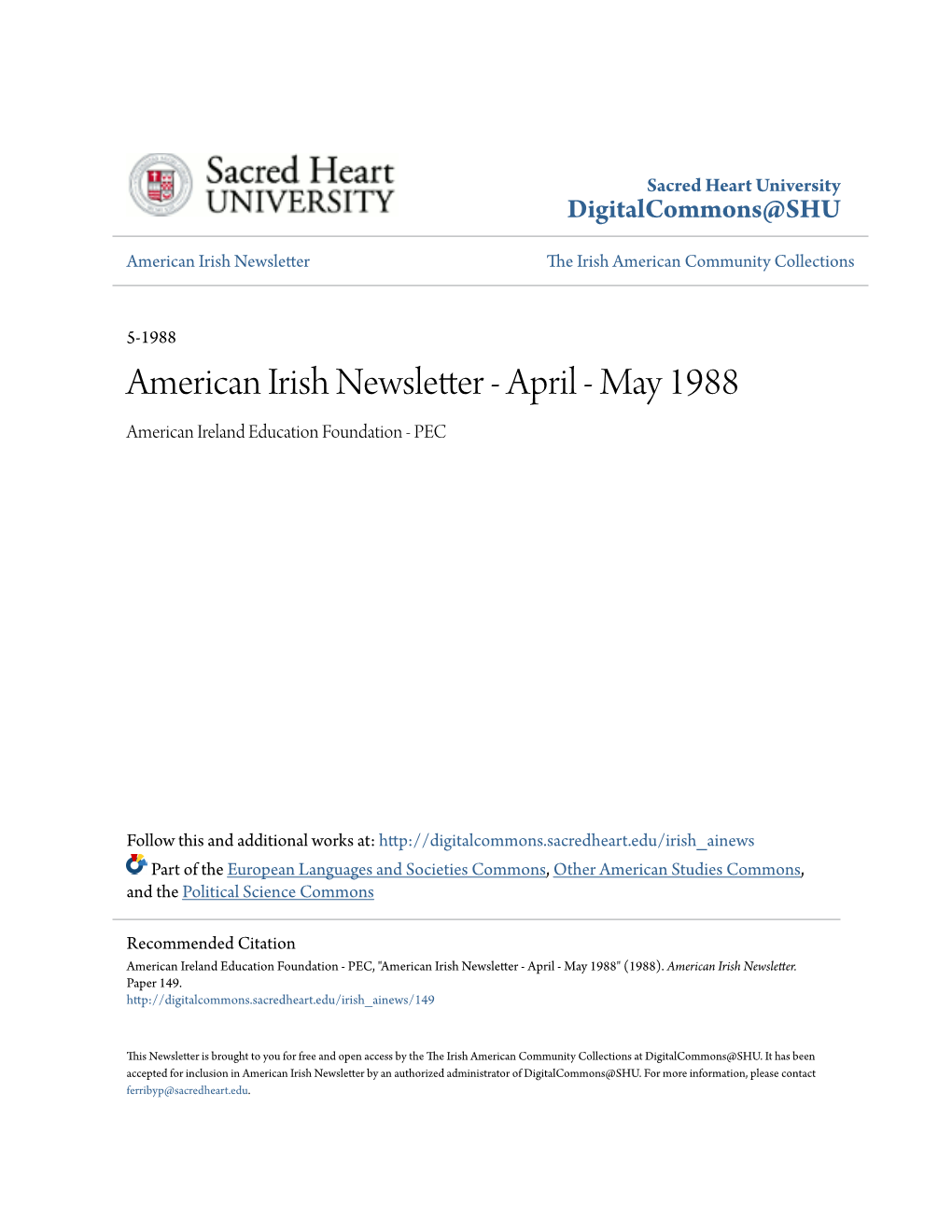 American Irish Newsletter the Ri Ish American Community Collections