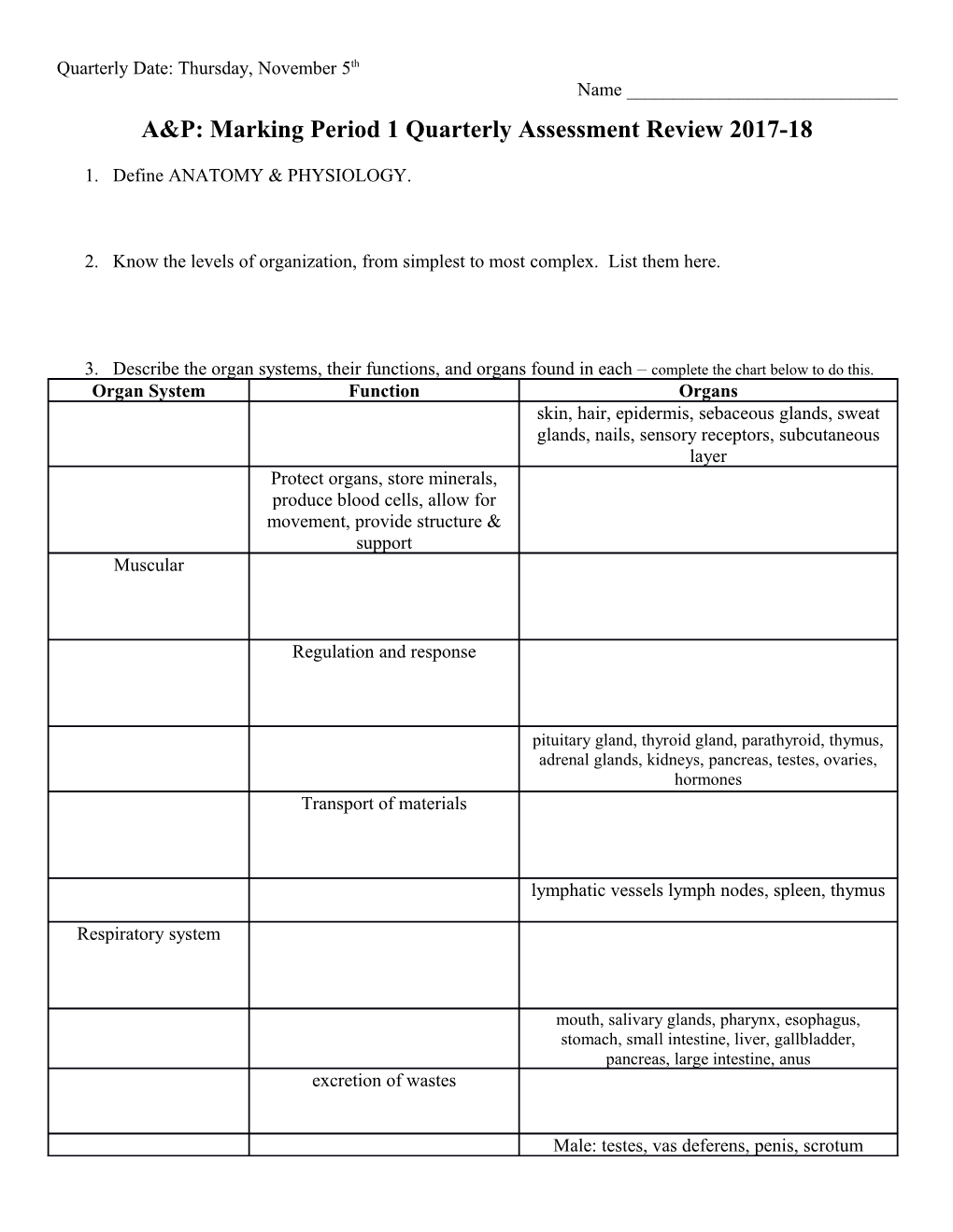 A&P: Marking Period 1 Quarterly Assessment Review 2017-18