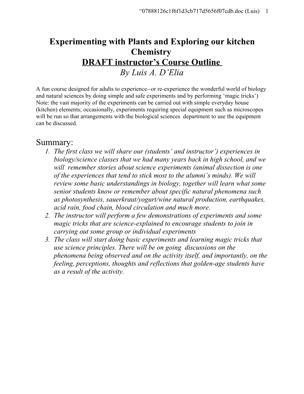 Experimenting with Plants and Exploring Our Kitchen Chemistry DRAFT Course Outline