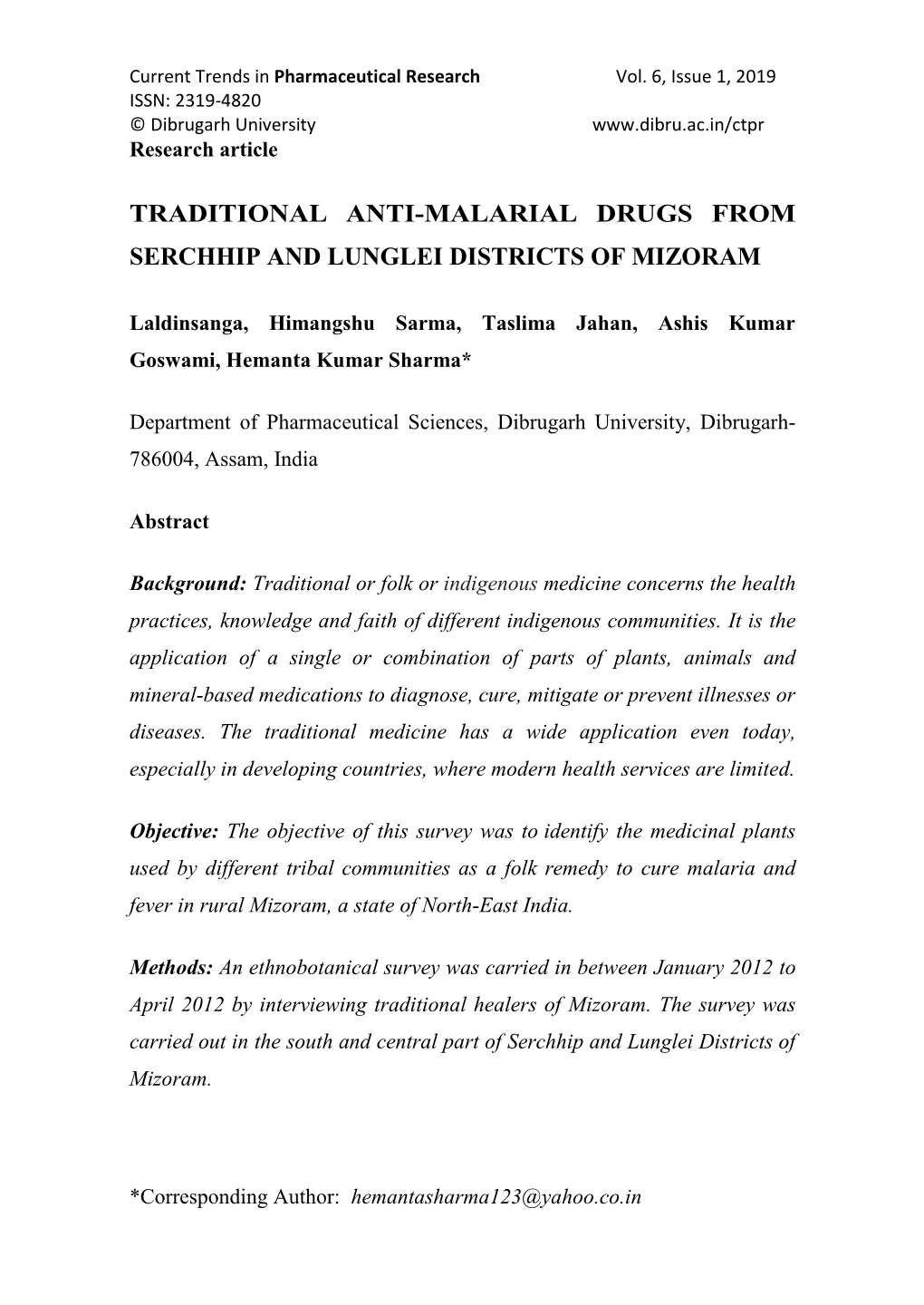 Traditional Anti-Malarial Drugs from Serchhip and Lunglei Districts of Mizoram